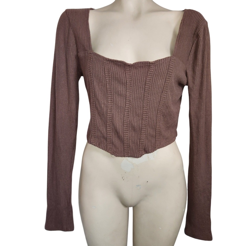 PacCares PacSun Brown Ribbed Long Sleeve Corset Style Crop Top L beach coastal